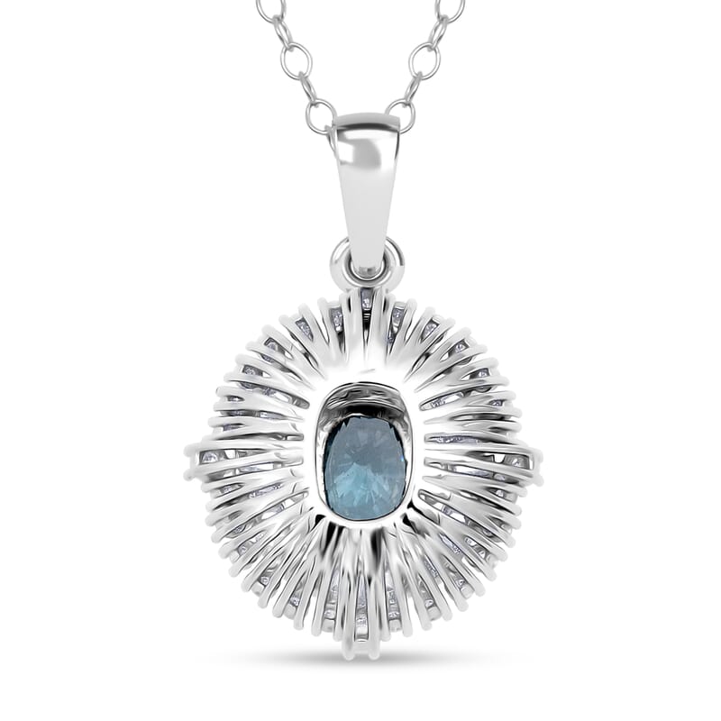 D'Joy Premium Cambodian Blue Zircon and Moissanite 3.50 ctw Regal Halo Pendant Necklace in Rhodium Over Sterling Silver 20 Inches