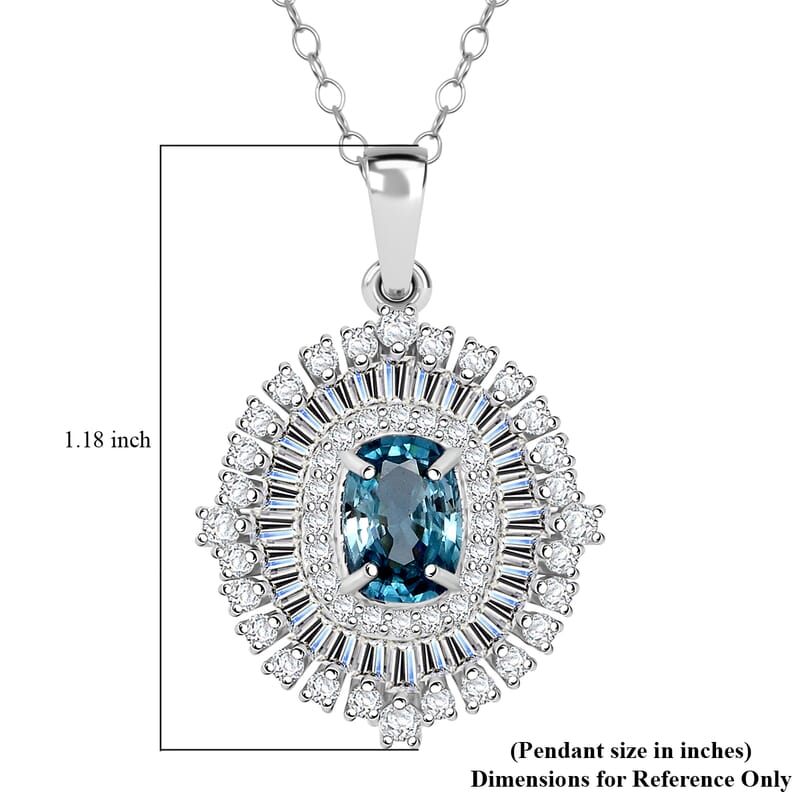 D'Joy Premium Cambodian Blue Zircon and Moissanite 3.50 ctw Regal Halo Pendant Necklace in Rhodium Over Sterling Silver 20 Inches