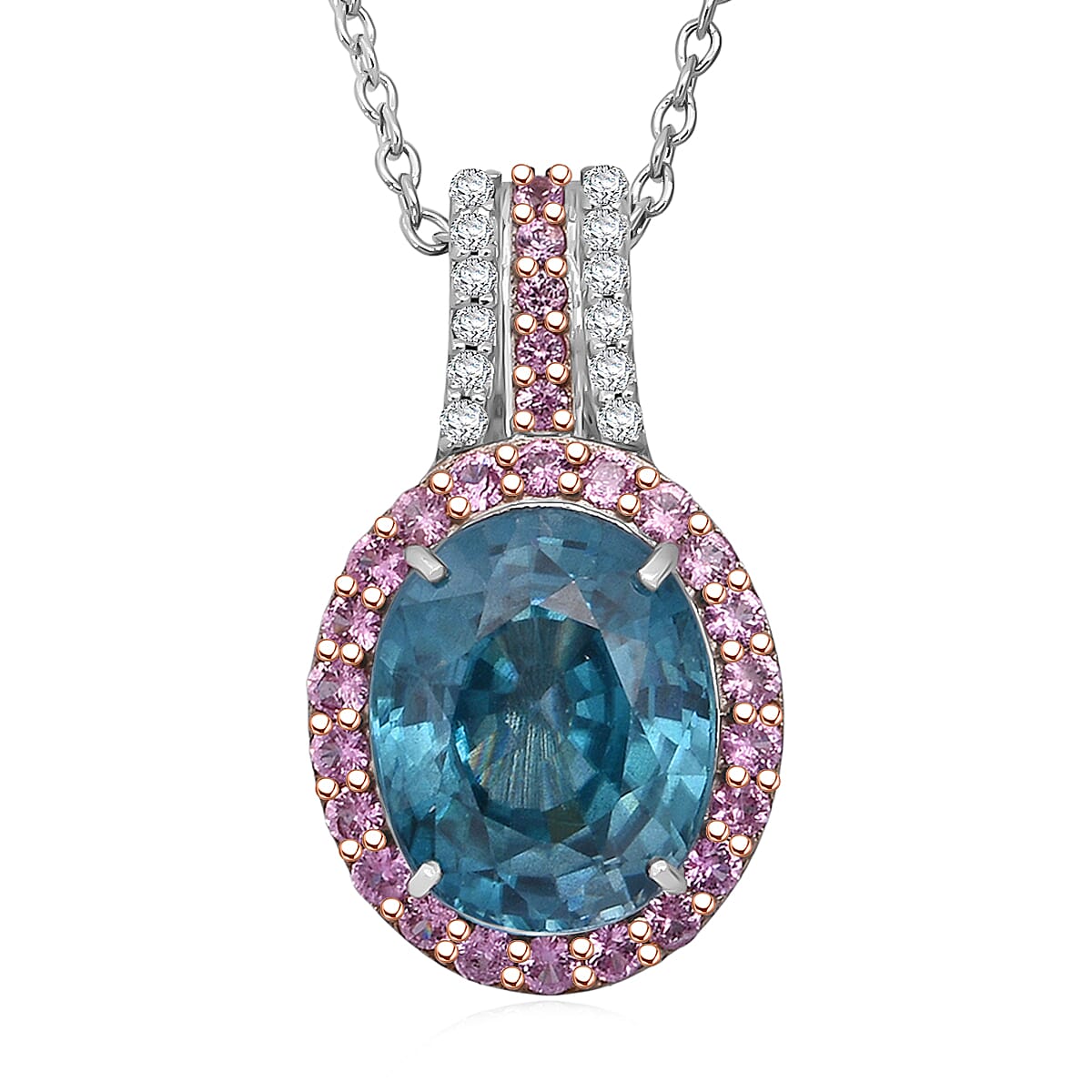Luxoro AAA Cambodian Blue Zircon, Pink Sapphire and G-H SI Diamond 6.00 ctw Blue Rose Pendant Necklace in 10K White Gold 18 Inches  image number 0