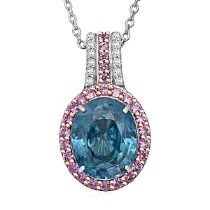 Luxoro AAA Cambodian Blue Zircon, Pink Sapphire and G-H SI Diamond 6.00 ctw Blue Rose Pendant Necklace in 10K White Gold 18 Inches 