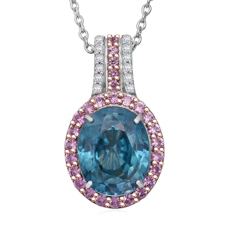 Luxoro AAA Cambodian Blue Zircon, Pink Sapphire and G-H SI Diamond 6.00 ctw Blue Rose Pendant Necklace in 10K White Gold 18 Inches