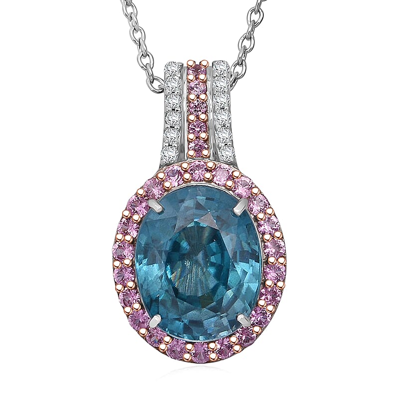 Luxoro AAA Cambodian Blue Zircon, Pink Sapphire and G-H SI Diamond 6.00 ctw Blue Rose Pendant Necklace in 10K White Gold 18 Inches