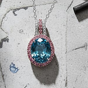 Luxoro AAA Cambodian Blue Zircon, Pink Sapphire and G-H SI Diamond 6.00 ctw Blue Rose Pendant Necklace in 10K White Gold 18 Inches 