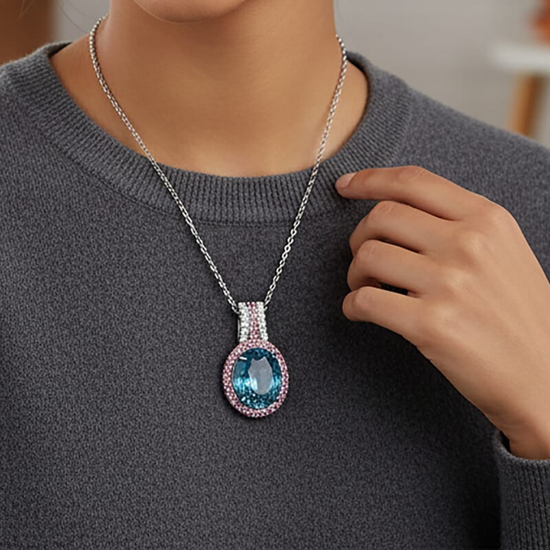 Luxoro AAA Cambodian Blue Zircon, Pink Sapphire and G-H SI Diamond 6.00 ctw Blue Rose Pendant Necklace in 10K White Gold 18 Inches