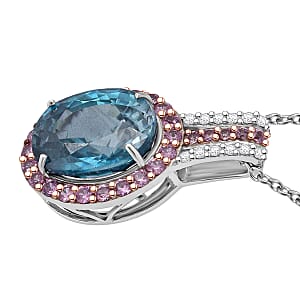 Luxoro AAA Cambodian Blue Zircon, Pink Sapphire and G-H SI Diamond 6.00 ctw Blue Rose Pendant Necklace in 10K White Gold 18 Inches 