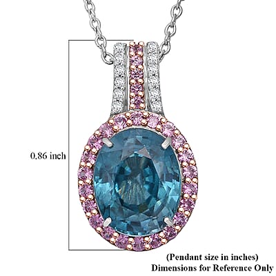 Luxoro AAA Cambodian Blue Zircon, Pink Sapphire and G-H SI Diamond 6.00 ctw Blue Rose Pendant Necklace in 10K White Gold 18 Inches