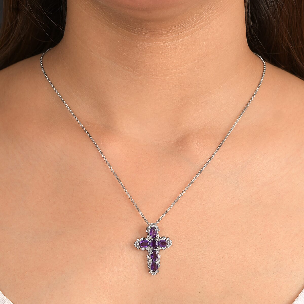 EverTrue African Amethyst 2.50 ctw Pendant Necklace in Stainless Steel 20 Inches image number 2