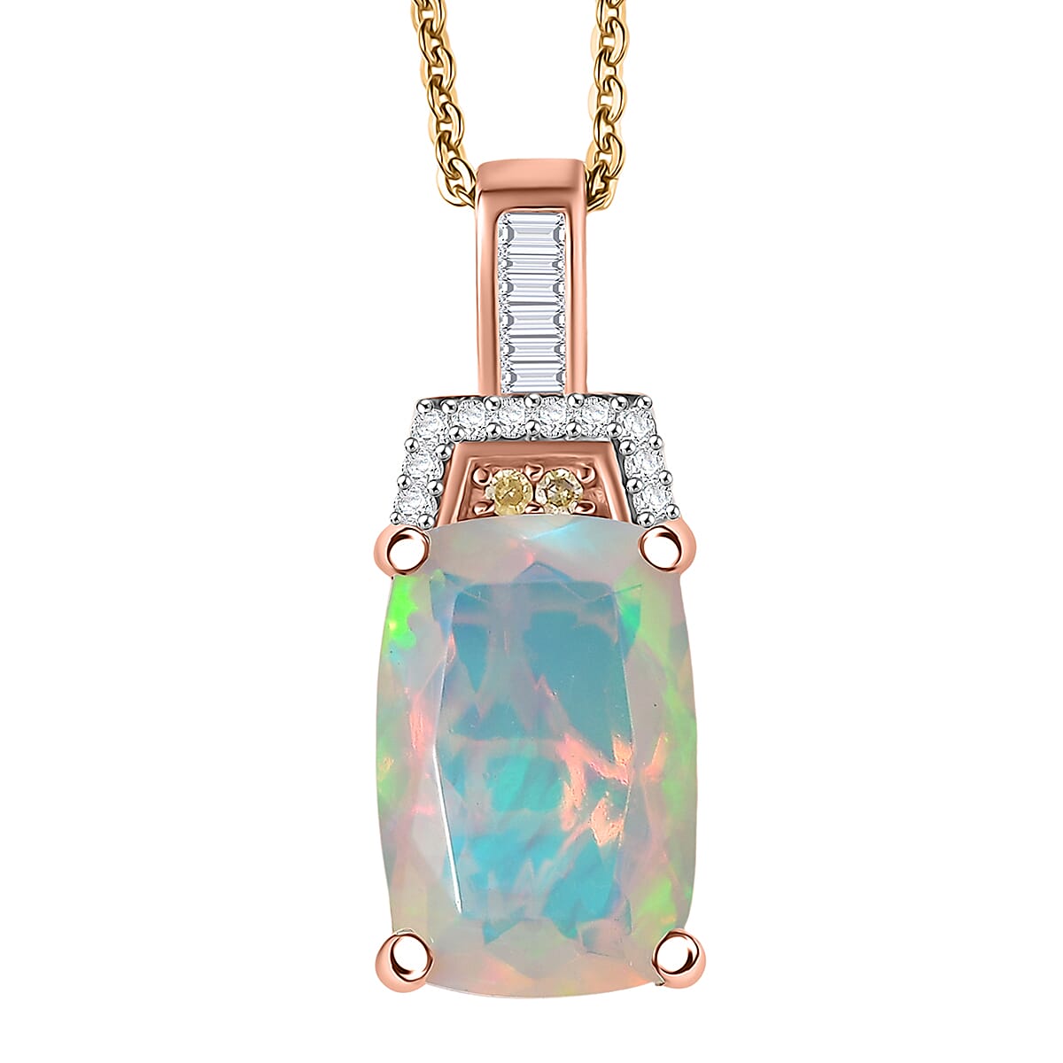 Doorbuster D'Joy Premium Ethiopian Welo Opal, Natural Yellow and White Diamond 2.30 ctw Art Deco Pendant Necklace in 18K Vermeil Rose Gold Over Sterling Silver 20 Inches image number 0