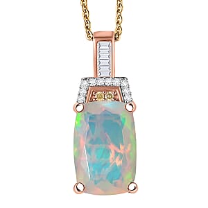 Doorbuster D'Joy Premium Ethiopian Welo Opal, Natural Yellow and White Diamond 2.30 ctw Art Deco Pendant Necklace in 18K Vermeil Rose Gold Over Sterling Silver 20 Inches