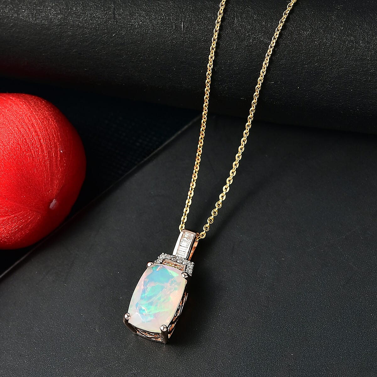 Doorbuster D'Joy Premium Ethiopian Welo Opal, Natural Yellow and White Diamond 2.30 ctw Art Deco Pendant Necklace in 18K Vermeil Rose Gold Over Sterling Silver 20 Inches image number 1