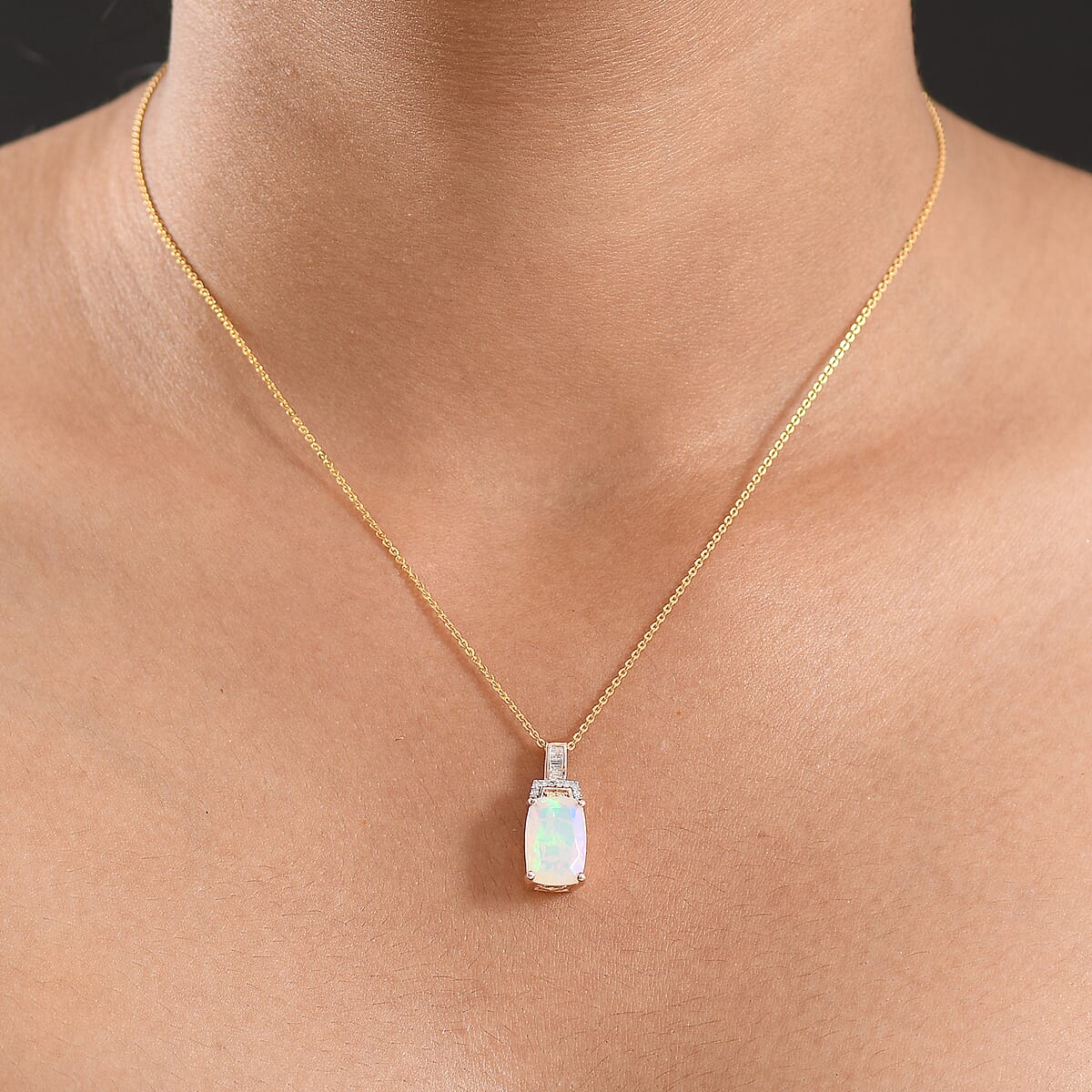 Doorbuster D'Joy Premium Ethiopian Welo Opal, Natural Yellow and White Diamond 2.30 ctw Art Deco Pendant Necklace in 18K Vermeil Rose Gold Over Sterling Silver 20 Inches image number 2