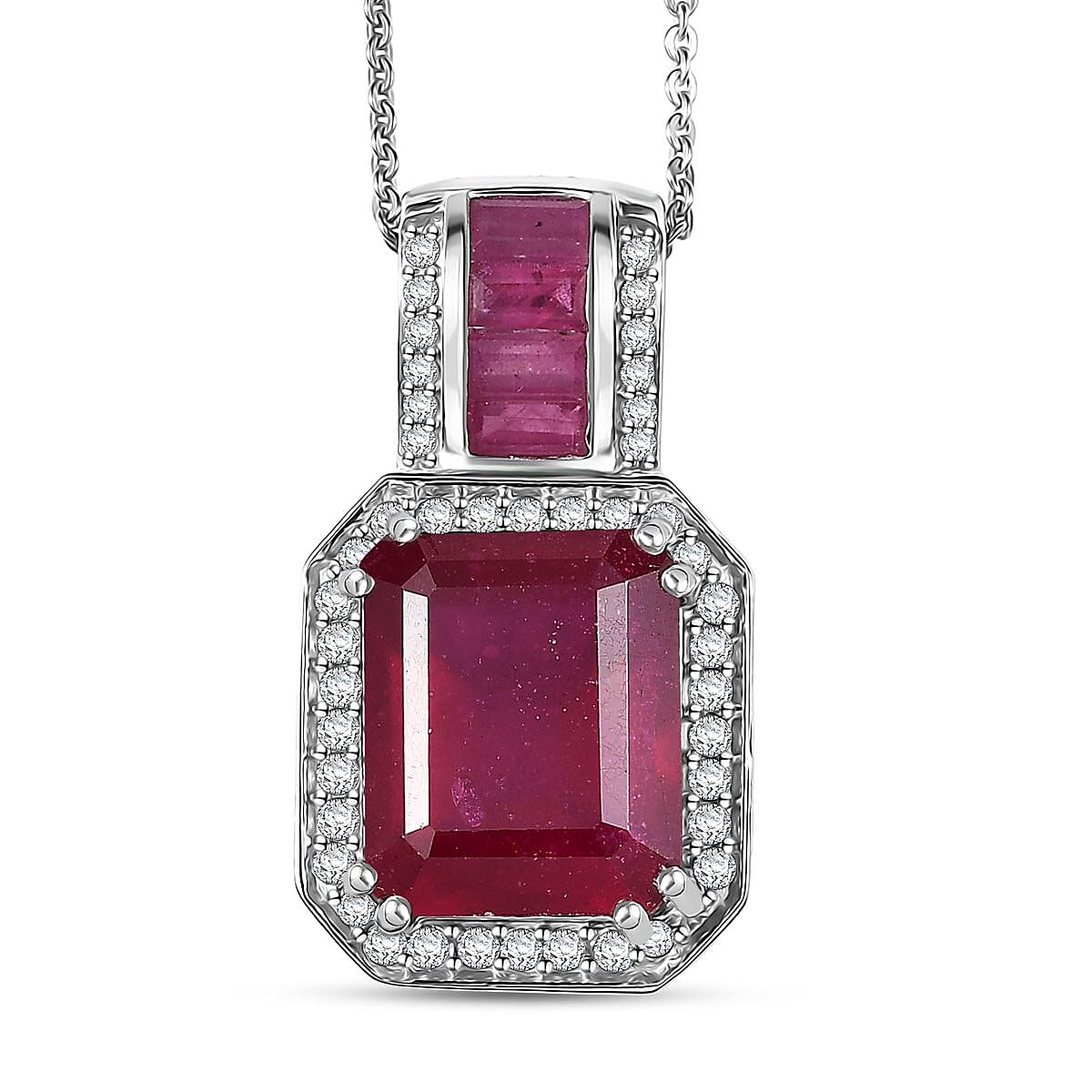  D'Joy Premium African Ruby (FF) and Moissanite 10.10 ctw Royal Legacy Pendant Necklace in Rhodium Over Sterling Silver 20 Inches image number 0