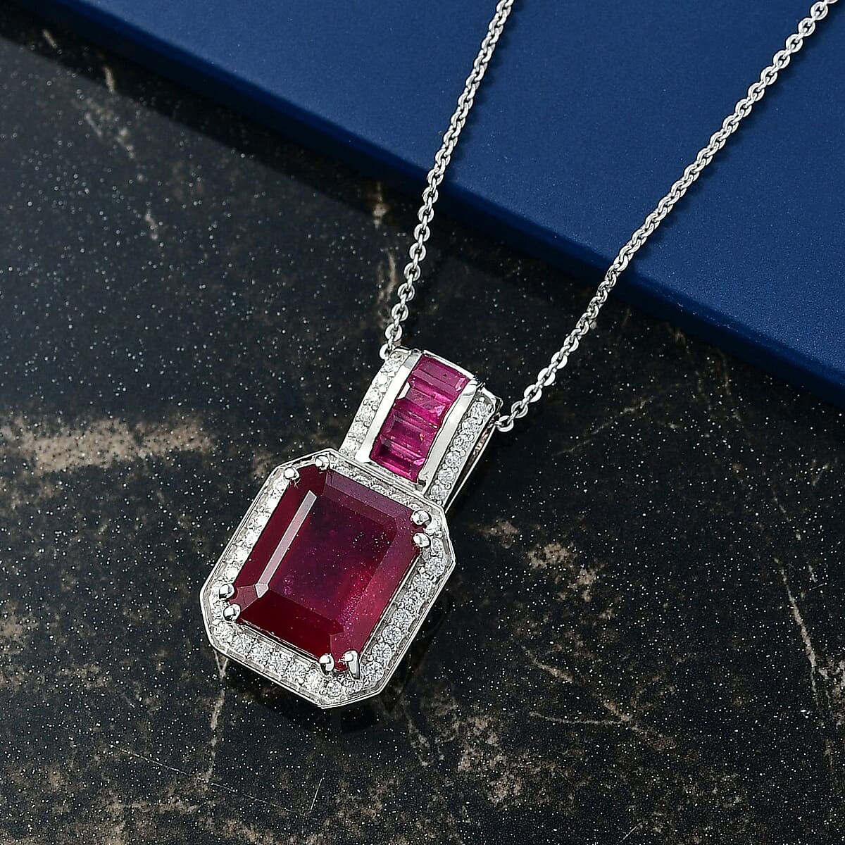  D'Joy Premium African Ruby (FF) and Moissanite 10.10 ctw Royal Legacy Pendant Necklace in Rhodium Over Sterling Silver 20 Inches image number 1