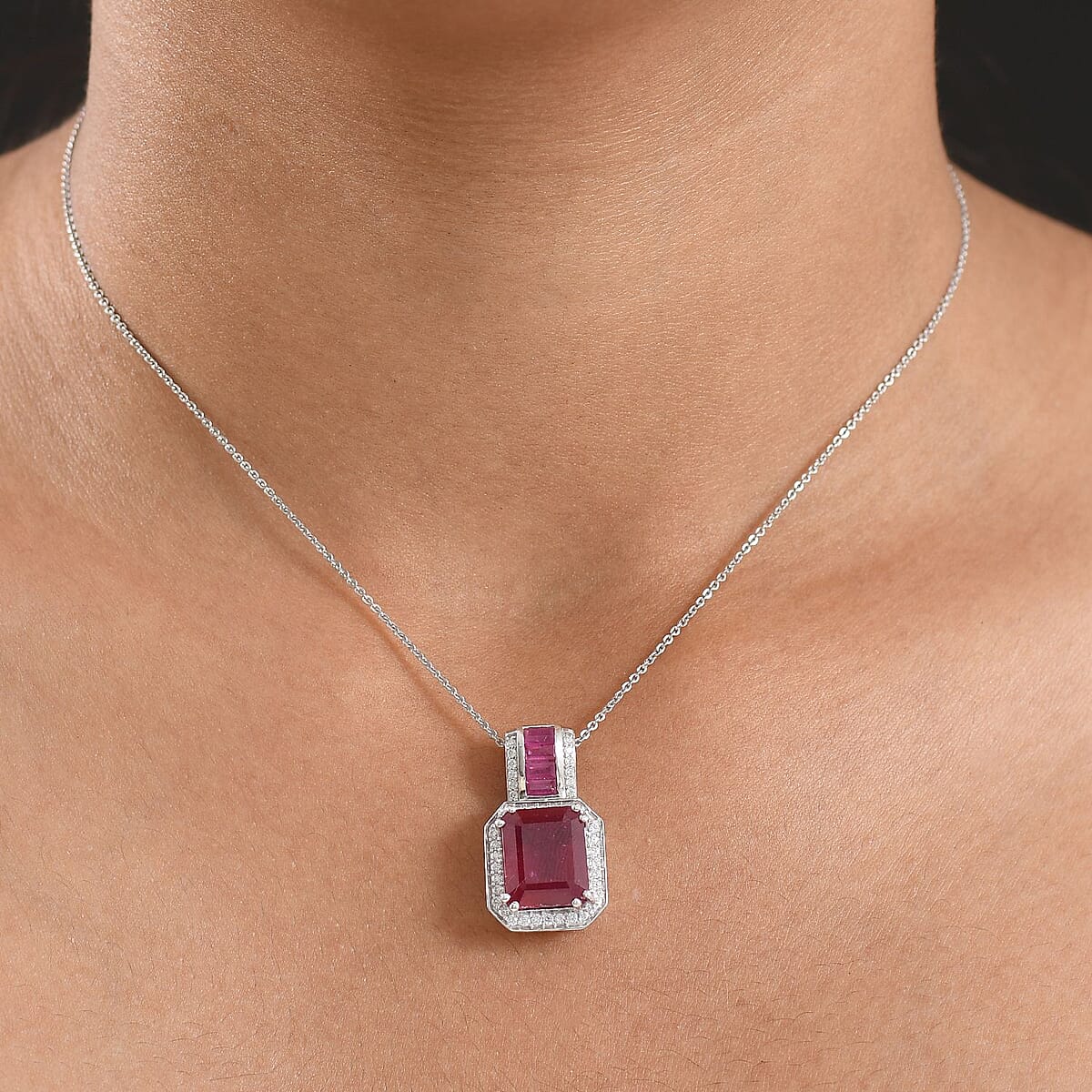  D'Joy Premium African Ruby (FF) and Moissanite 10.10 ctw Royal Legacy Pendant Necklace in Rhodium Over Sterling Silver 20 Inches image number 2