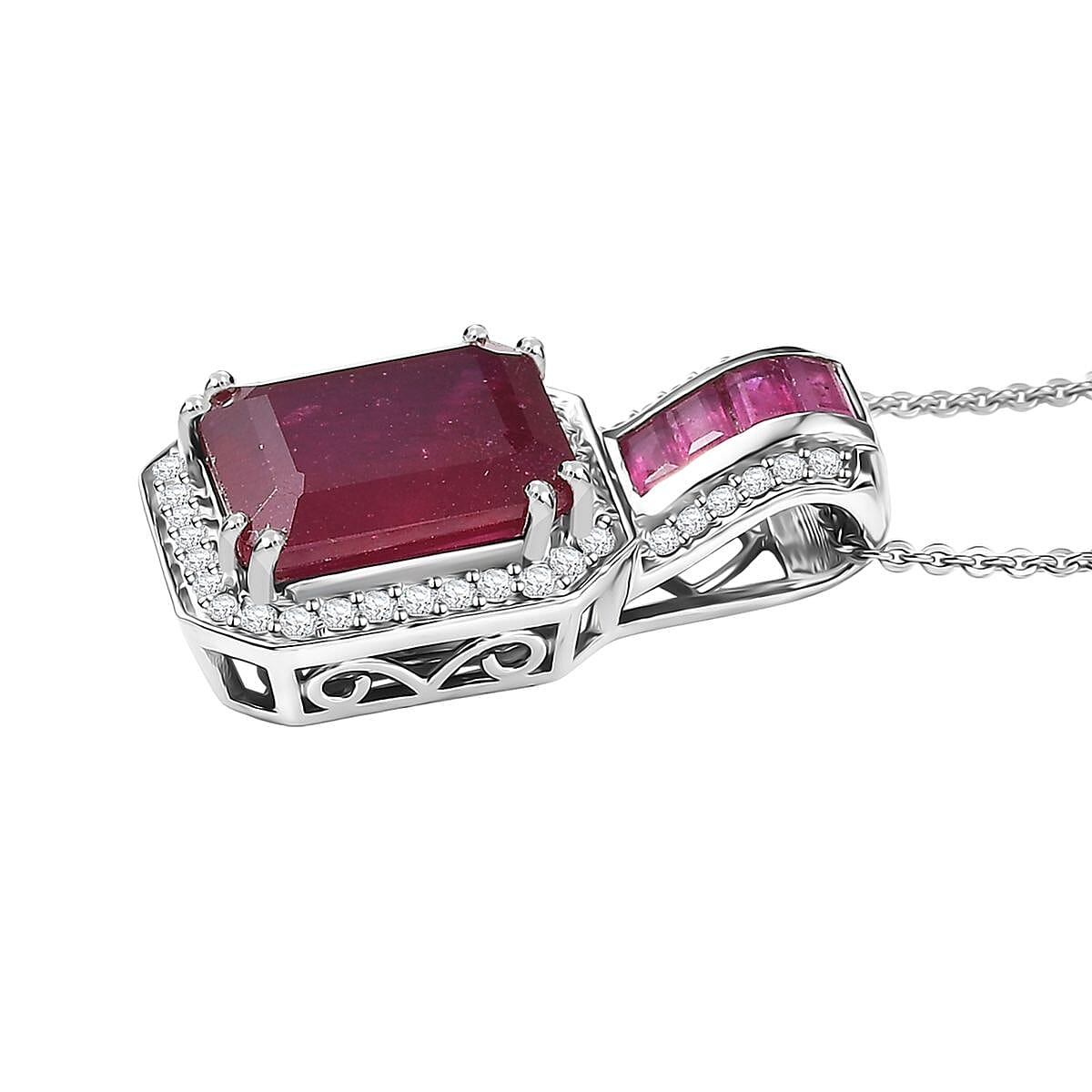  D'Joy Premium African Ruby (FF) and Moissanite 10.10 ctw Royal Legacy Pendant Necklace in Rhodium Over Sterling Silver 20 Inches image number 3