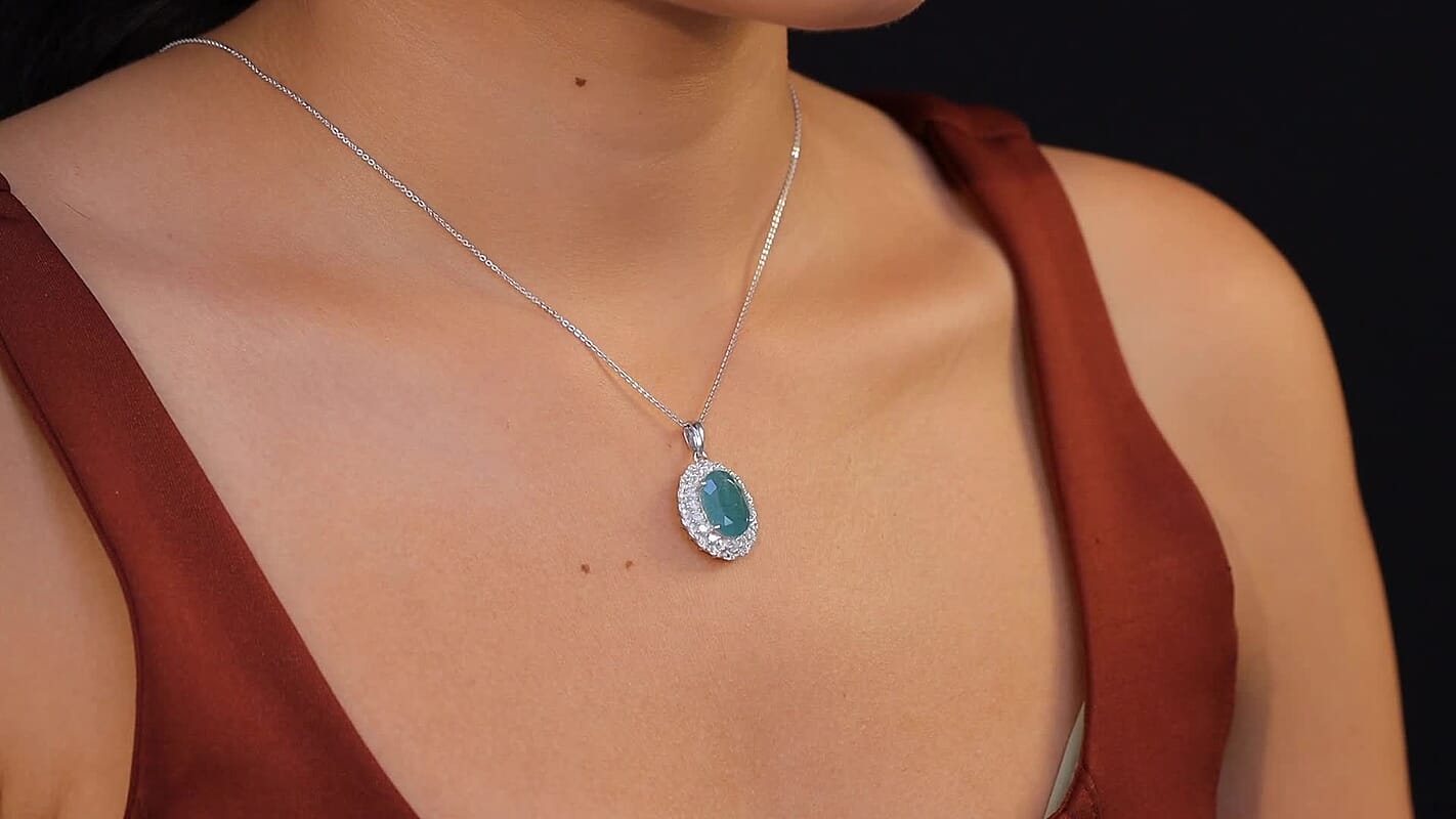 D'Joy Grandidierite and Moissanite 7.90 ctw Celestial Halo Pendant Necklace in Rhodium Over Sterling Silver 20 Inches