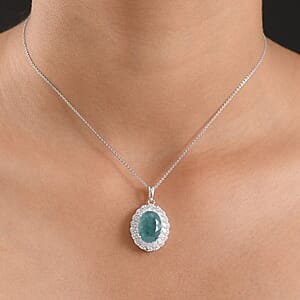 D'Joy Grandidierite and Moissanite 7.90 ctw Celestial Halo Pendant Necklace in Rhodium Over Sterling Silver 20 Inches