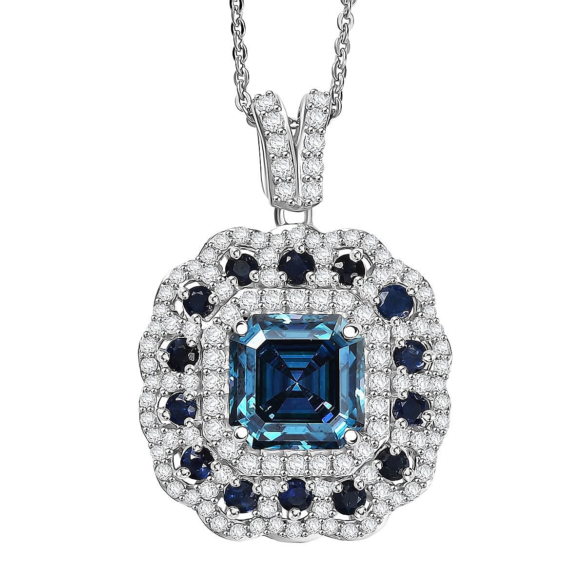 Doorbuster D'Joy Asscher Cut Blue and White Moissanite, Blue Sapphire 2.90 ctw Floral Halo Pendant Necklace in Rhodium Over Sterling Silver 20 Inches image number 0