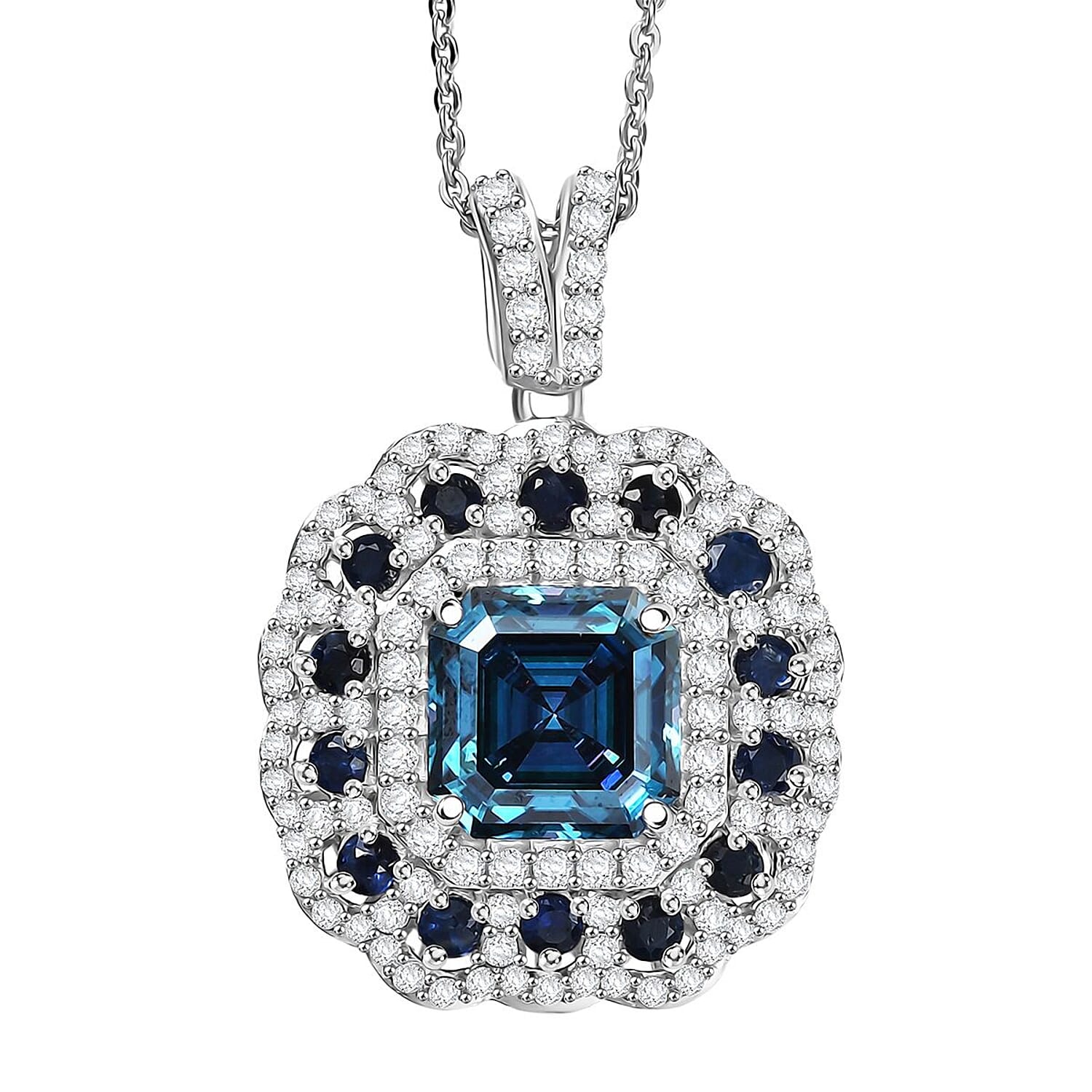 D'Joy Asscher Cut Blue and White Moissanite, Blue Sapphire 2.90 ctw Floral Halo Pendant Necklace in Rhodium Over Sterling Silver
