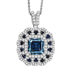 Doorbuster D'Joy Asscher Cut Blue and White Moissanite, Blue Sapphire 2.90 ctw Floral Halo Pendant Necklace in Rhodium Over Sterling Silver 20 Inches