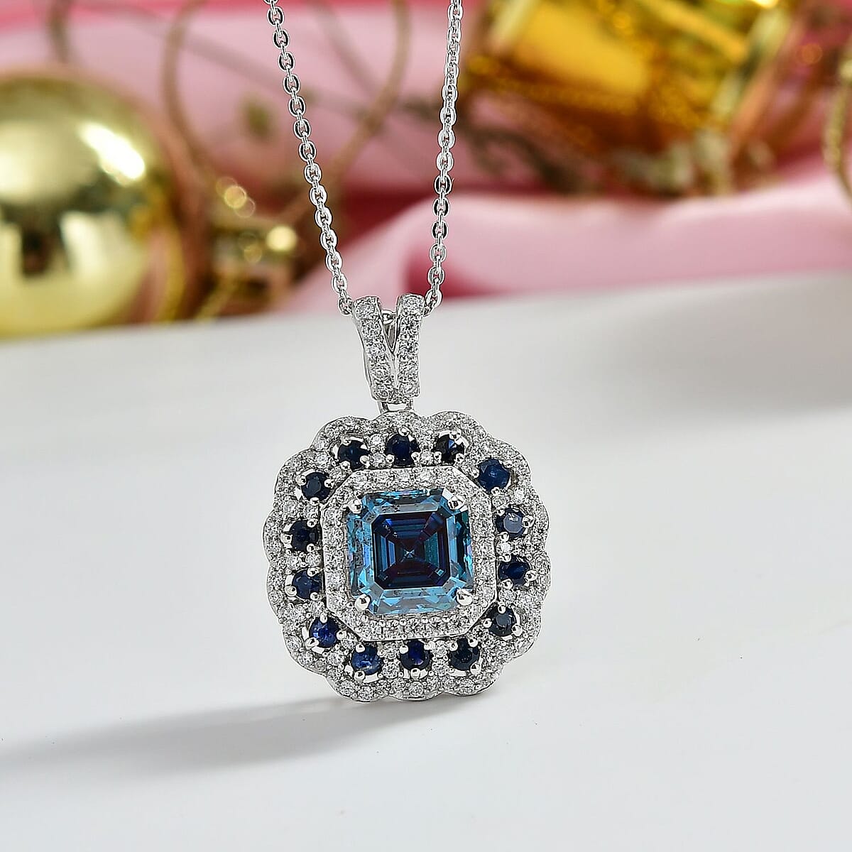 Doorbuster D'Joy Asscher Cut Blue and White Moissanite, Blue Sapphire 2.90 ctw Floral Halo Pendant Necklace in Rhodium Over Sterling Silver 20 Inches image number 1