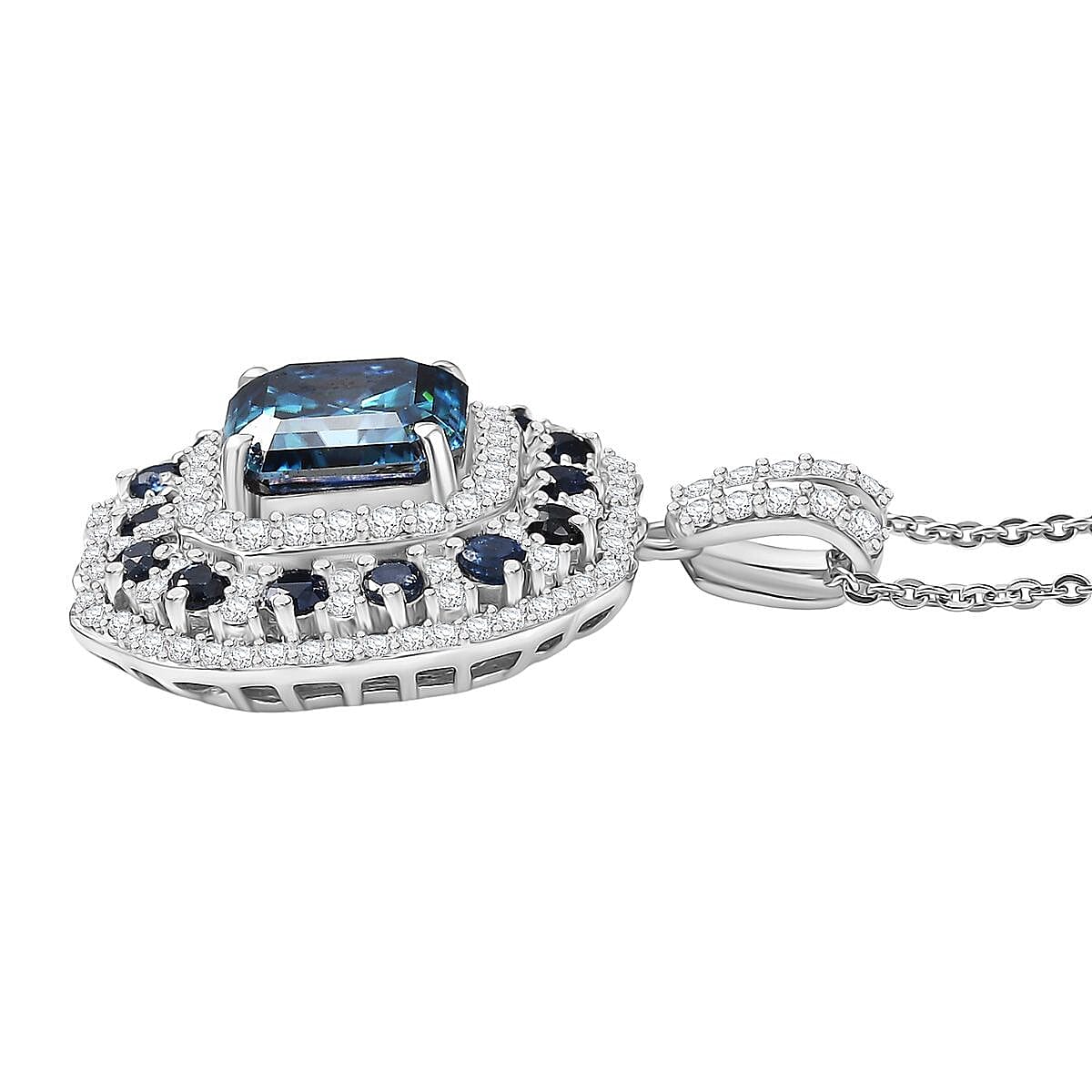 Doorbuster D'Joy Asscher Cut Blue and White Moissanite, Blue Sapphire 2.90 ctw Floral Halo Pendant Necklace in Rhodium Over Sterling Silver 20 Inches image number 3