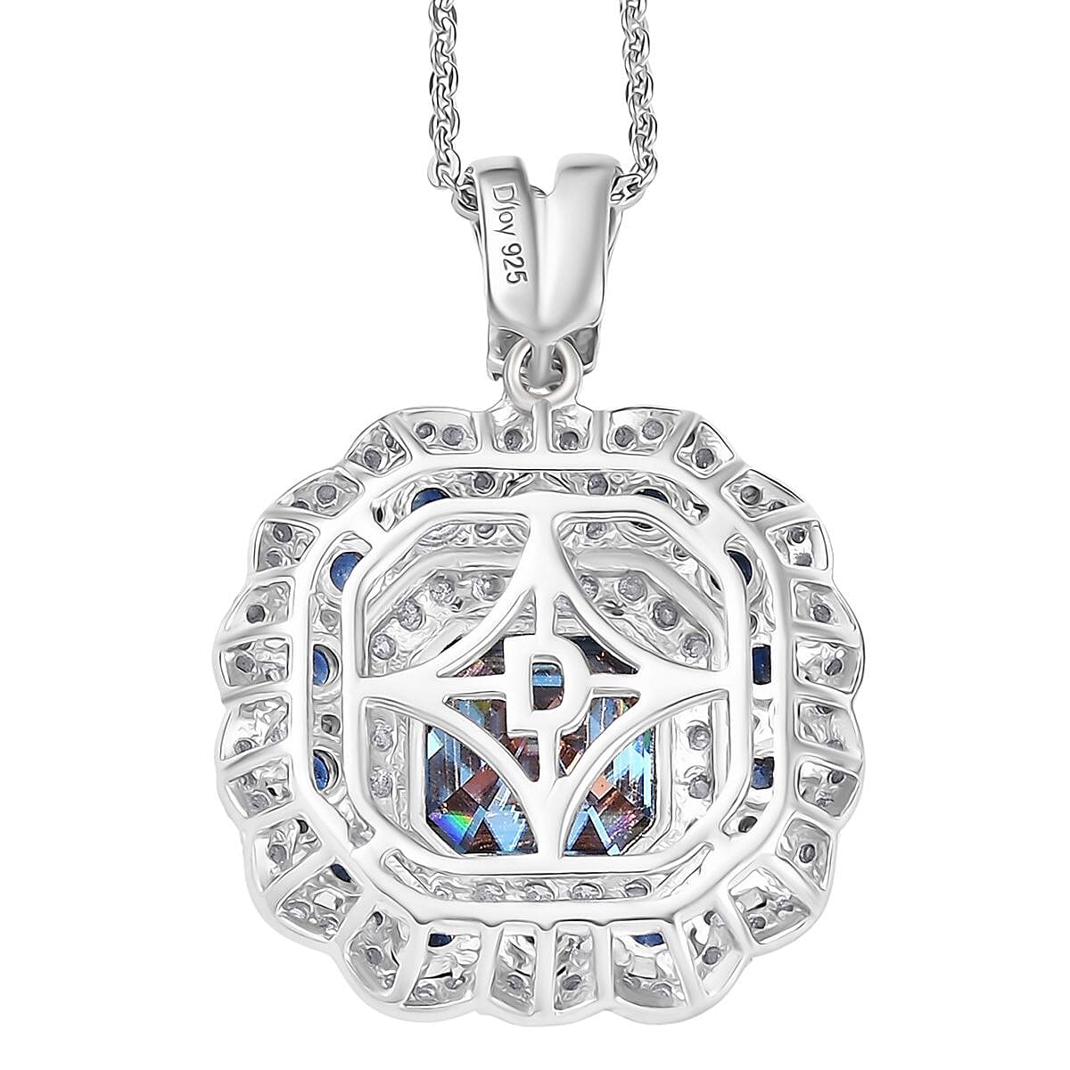 Doorbuster D'Joy Asscher Cut Blue and White Moissanite, Blue Sapphire 2.90 ctw Floral Halo Pendant Necklace in Rhodium Over Sterling Silver 20 Inches image number 4