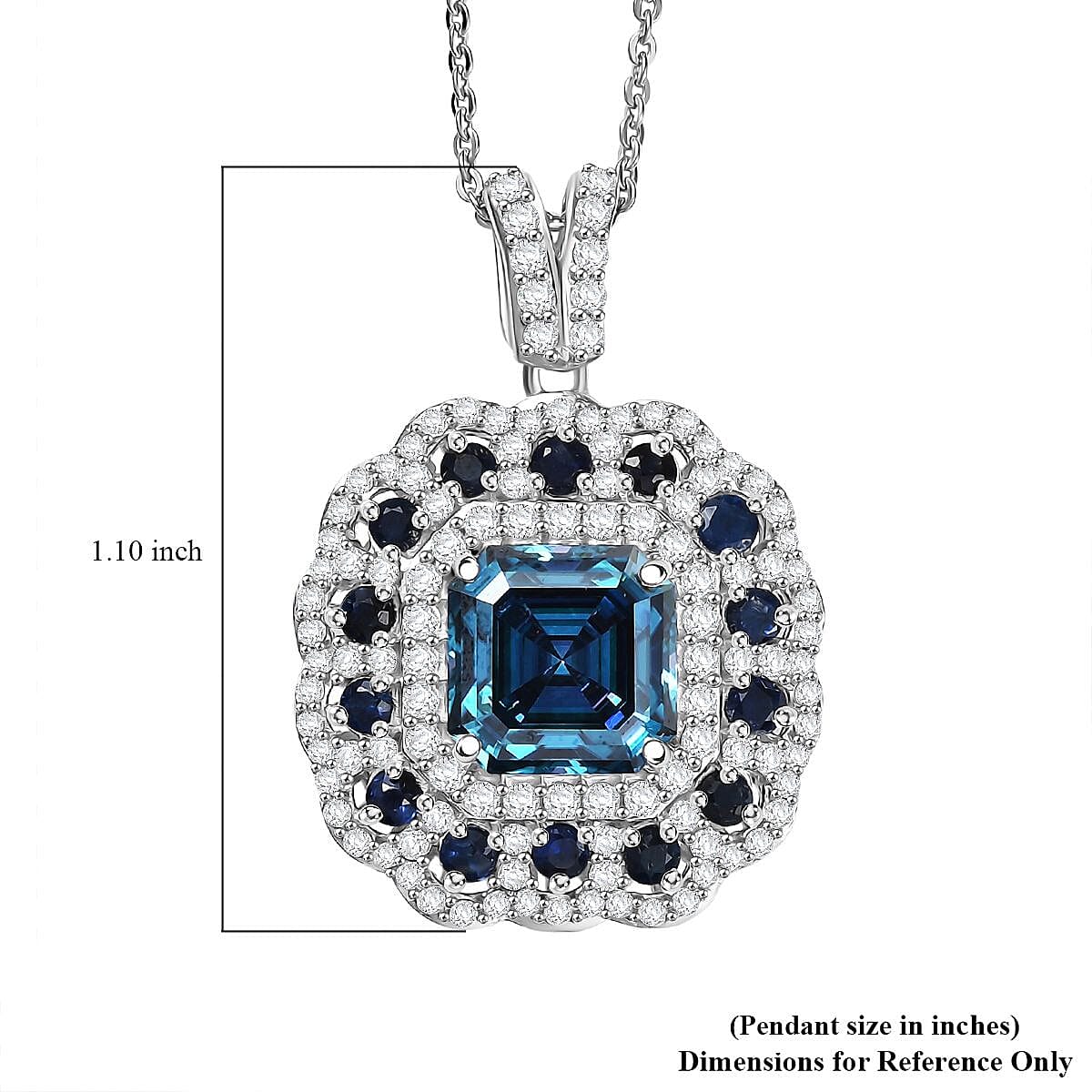 Doorbuster D'Joy Asscher Cut Blue and White Moissanite, Blue Sapphire 2.90 ctw Floral Halo Pendant Necklace in Rhodium Over Sterling Silver 20 Inches image number 5