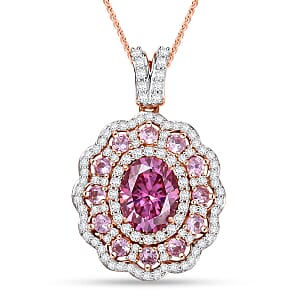 Doorbuster D'Joy Pink and White Moissanite, Pink Sapphire 3.40 ctw Floral Halo Pendant Necklace in 18K Vermeil Rose Gold Over Sterling Silver 20 Inches