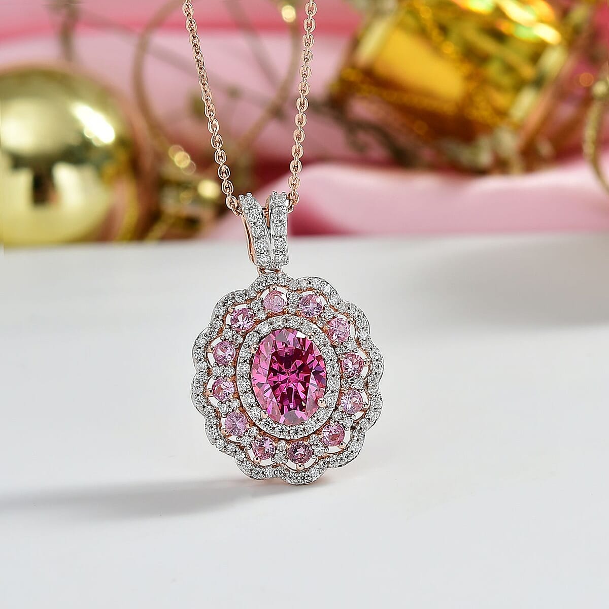 Doorbuster D'Joy Pink and White Moissanite, Pink Sapphire 3.40 ctw Floral Halo Pendant Necklace in 18K Vermeil Rose Gold Over Sterling Silver 20 Inches image number 1