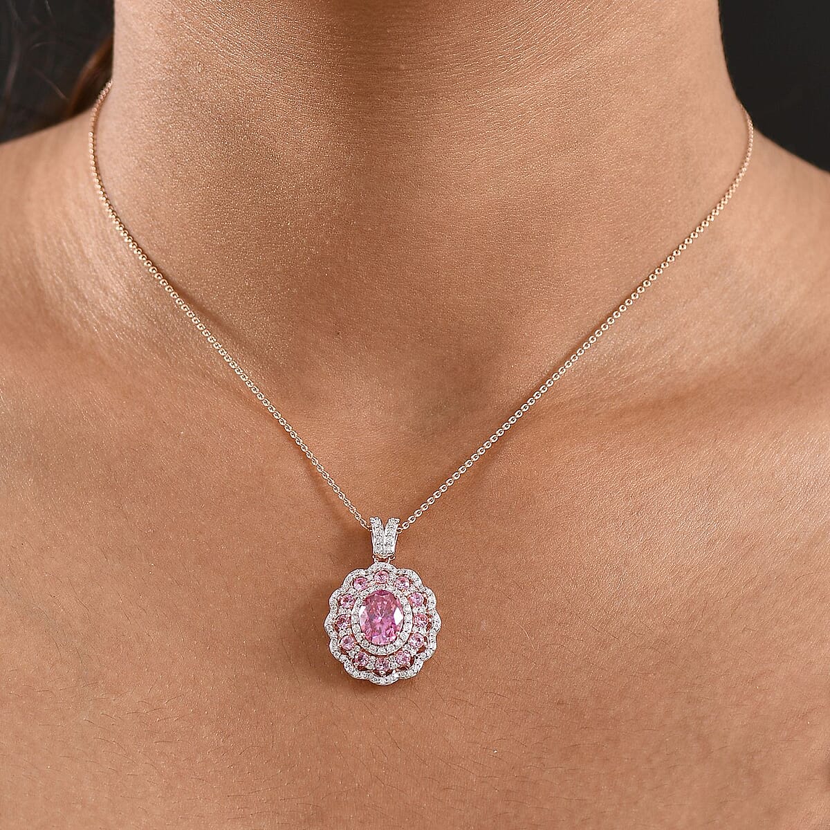Doorbuster D'Joy Pink and White Moissanite, Pink Sapphire 3.40 ctw Floral Halo Pendant Necklace in 18K Vermeil Rose Gold Over Sterling Silver 20 Inches image number 2