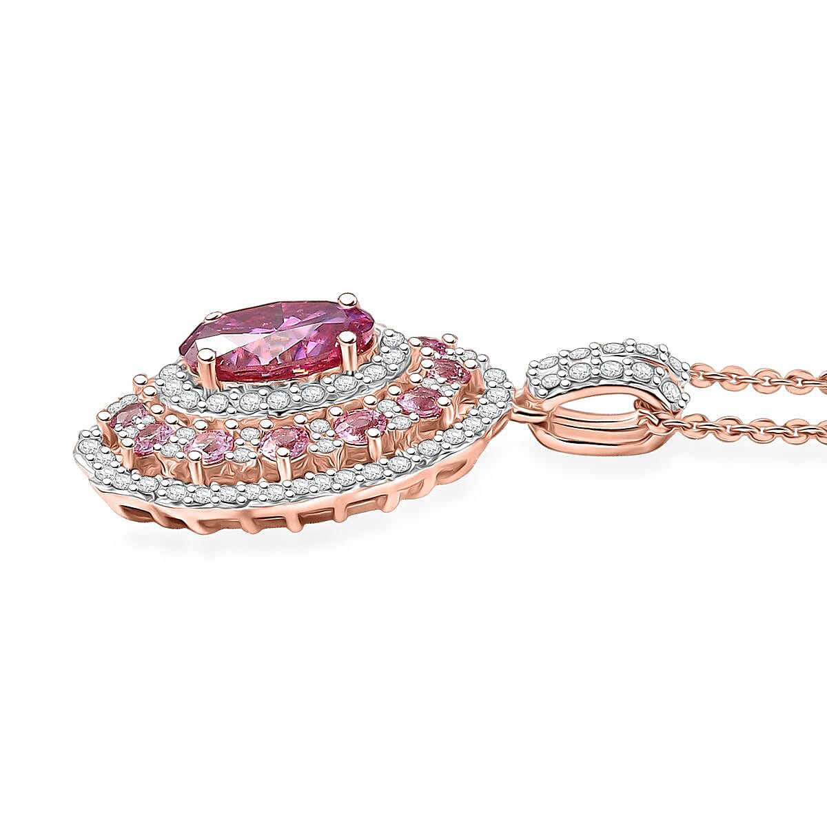 Doorbuster D'Joy Pink and White Moissanite, Pink Sapphire 3.40 ctw Floral Halo Pendant Necklace in 18K Vermeil Rose Gold Over Sterling Silver 20 Inches image number 3