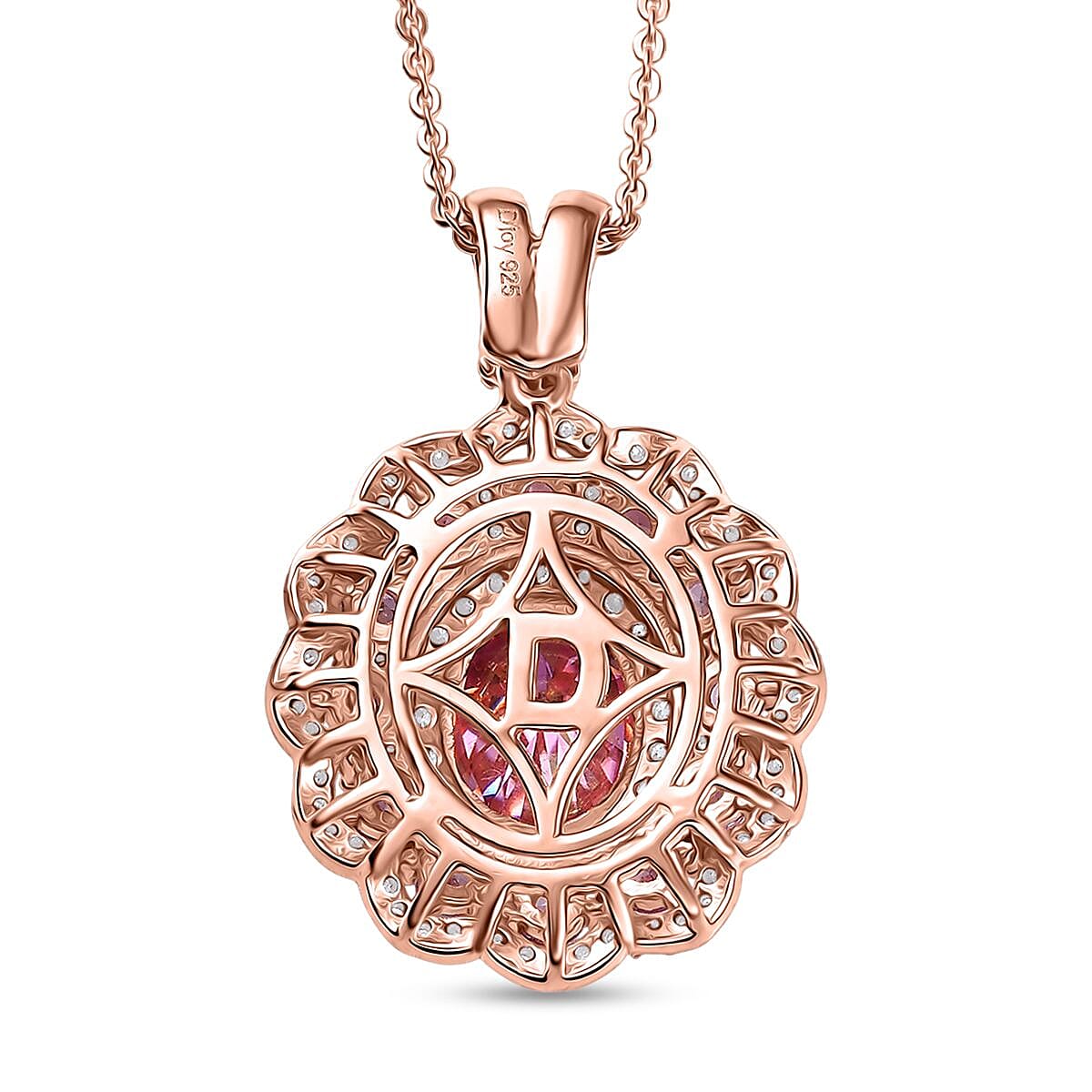 Doorbuster D'Joy Pink and White Moissanite, Pink Sapphire 3.40 ctw Floral Halo Pendant Necklace in 18K Vermeil Rose Gold Over Sterling Silver 20 Inches image number 4