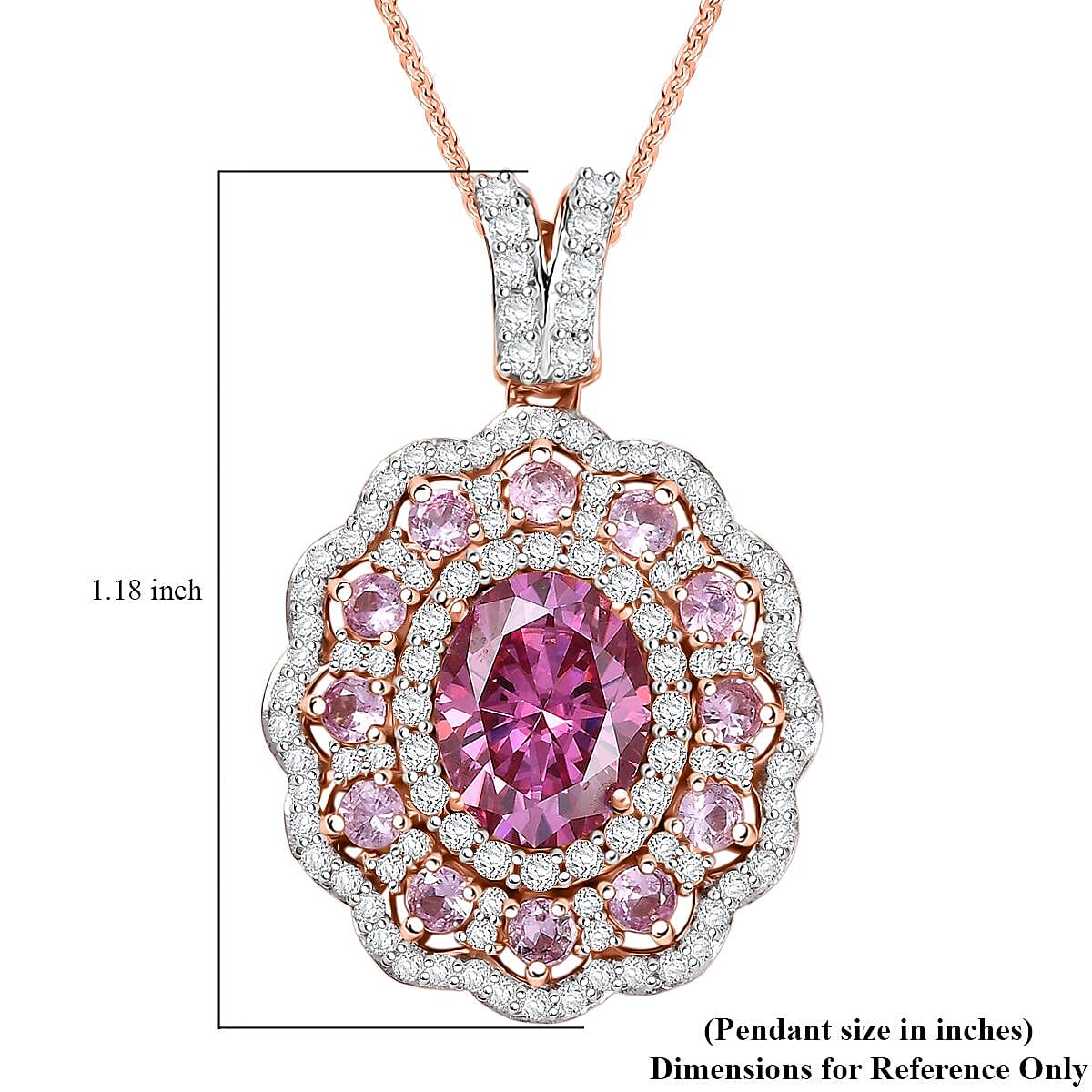 Doorbuster D'Joy Pink and White Moissanite, Pink Sapphire 3.40 ctw Floral Halo Pendant Necklace in 18K Vermeil Rose Gold Over Sterling Silver 20 Inches image number 6