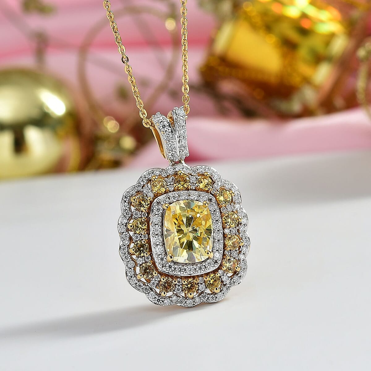Doorbuster D'Joy Yellow and White Moissanite, Yellow Sapphire 3.65 ctw Floral Halo Pendant Necklace in 18K Vermeil Yellow Gold Over Sterling Silver 20 Inches image number 1