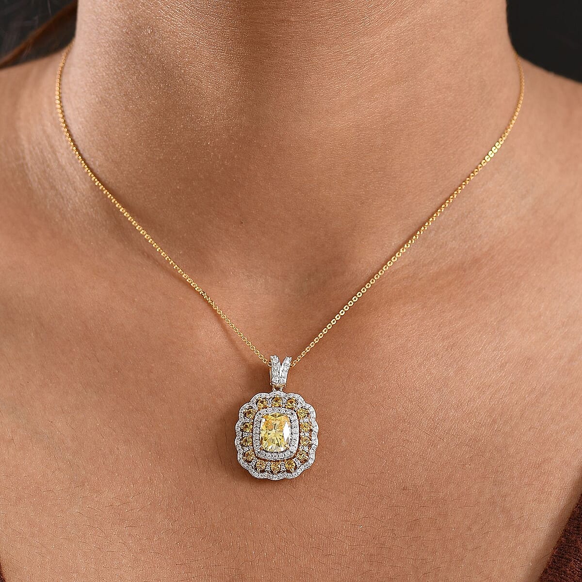 Doorbuster D'Joy Yellow and White Moissanite, Yellow Sapphire 3.65 ctw Floral Halo Pendant Necklace in 18K Vermeil Yellow Gold Over Sterling Silver 20 Inches image number 2