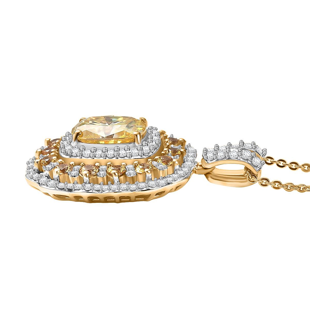 Doorbuster D'Joy Yellow and White Moissanite, Yellow Sapphire 3.65 ctw Floral Halo Pendant Necklace in 18K Vermeil Yellow Gold Over Sterling Silver 20 Inches image number 3