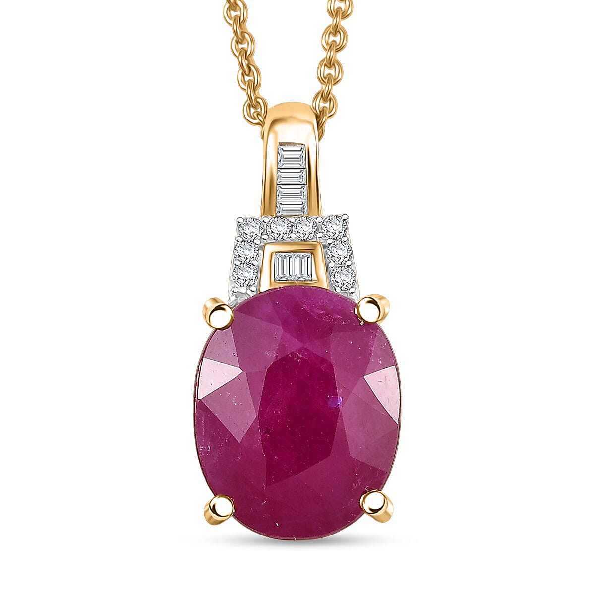 Luxoro AAA Royal Ruby and G-H I2 Diamond 5.60 ctw Empress Crest Pendant Necklace in 10K Yellow Gold 20 Inches image number 0