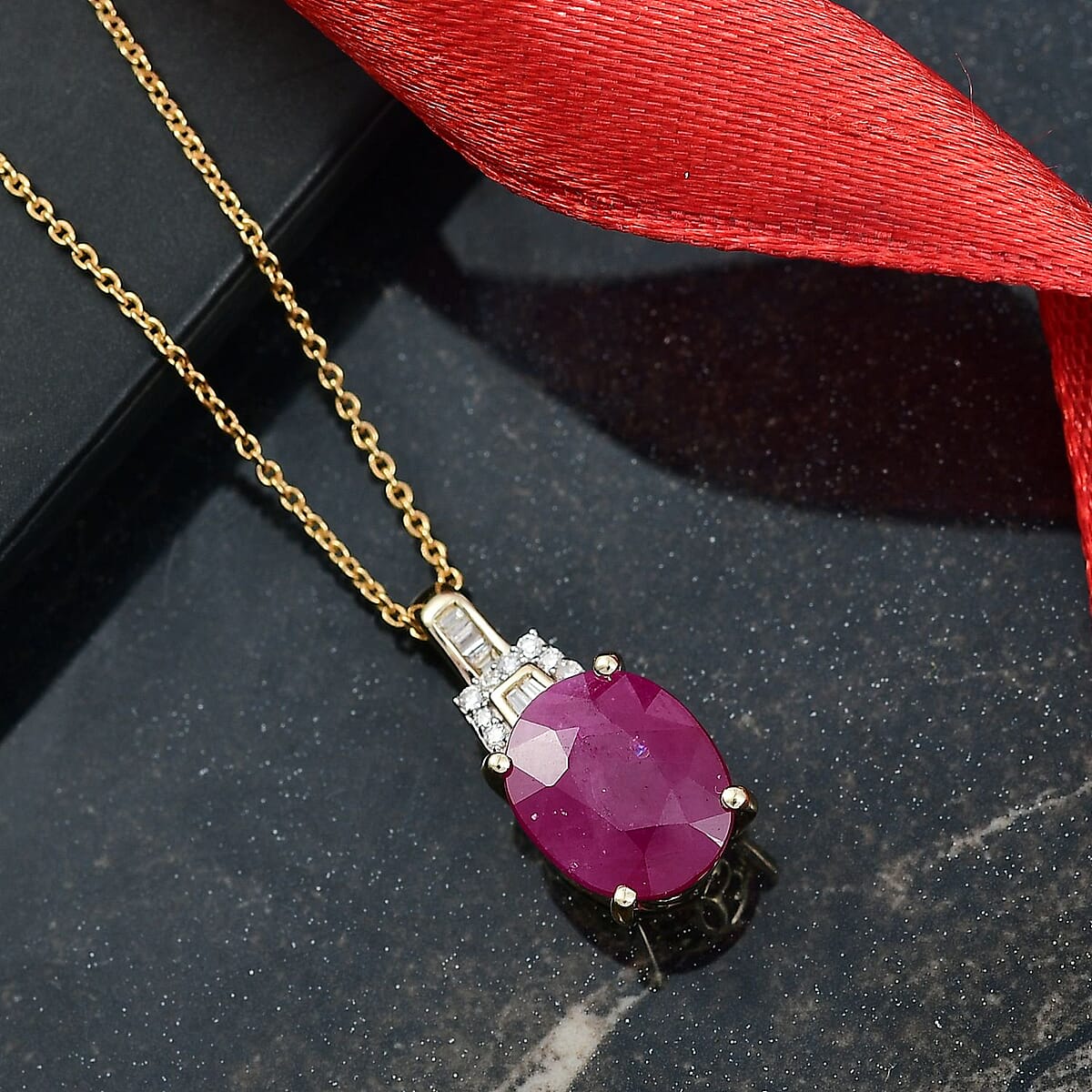 Luxoro AAA Royal Ruby and G-H I2 Diamond 5.60 ctw Empress Crest Pendant Necklace in 10K Yellow Gold 20 Inches image number 1