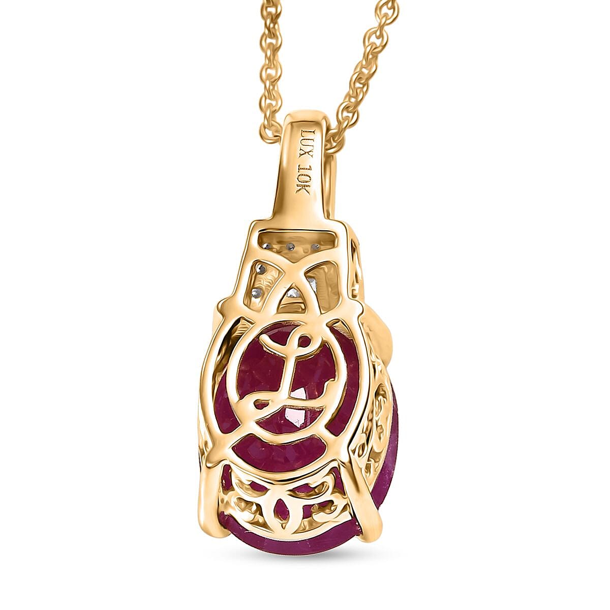 Luxoro AAA Royal Ruby and G-H I2 Diamond 5.60 ctw Empress Crest Pendant Necklace in 10K Yellow Gold 20 Inches image number 4