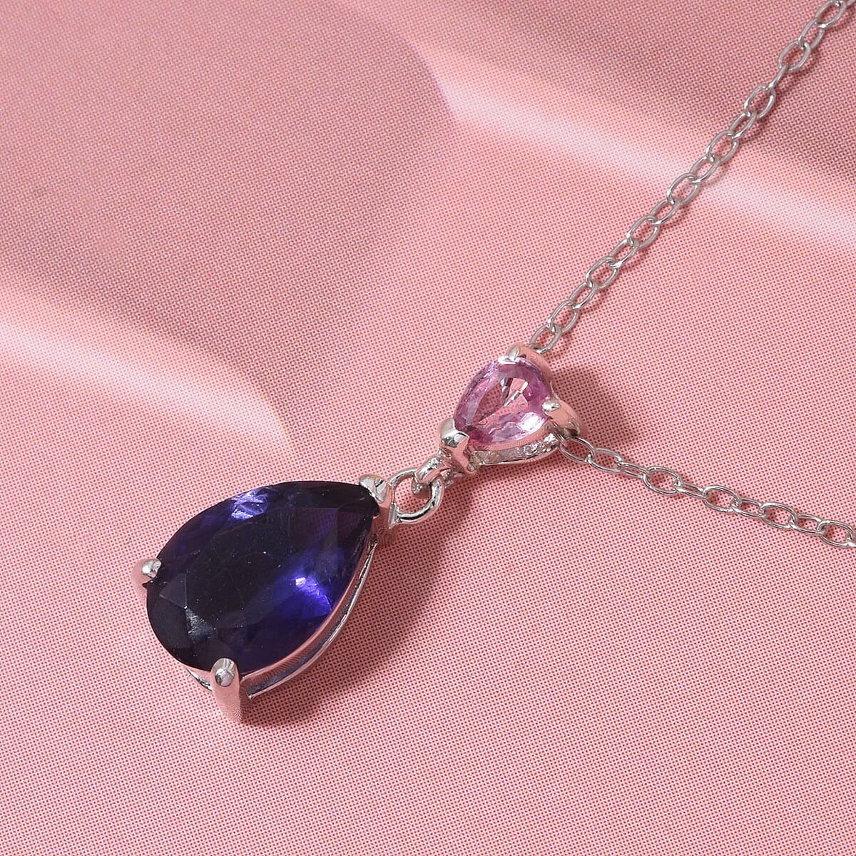 D'Joy Catalina Iolite and Pink Sapphire 1.15 ctw Pendant Necklace in Rhodium Over Sterling Silver 20 Inches image number 1