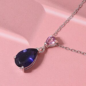 D'Joy Catalina Iolite and Pink Sapphire 1.15 ctw Pendant Necklace in Rhodium Over Sterling Silver 20 Inches