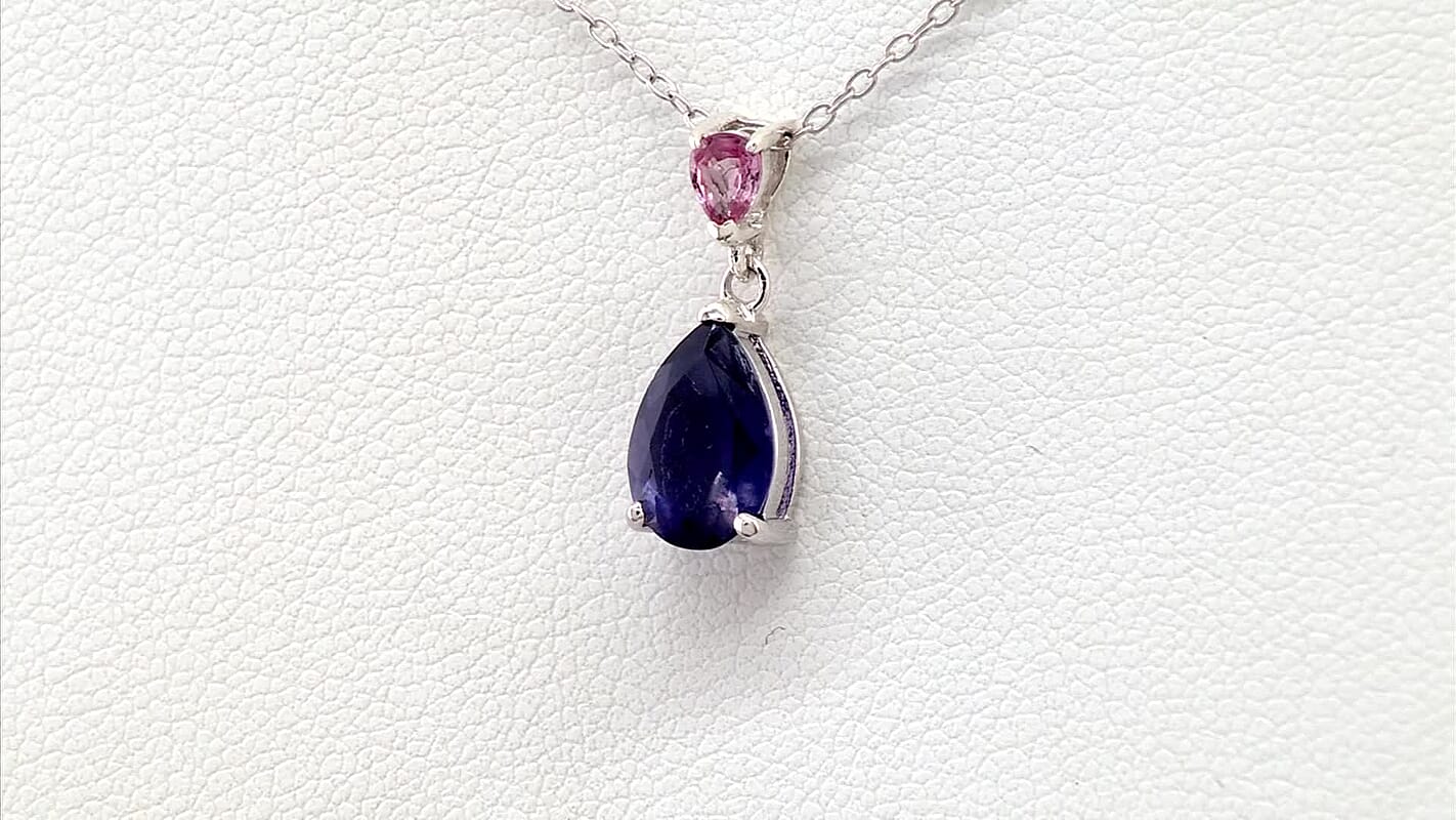 D'Joy Catalina Iolite and Pink Sapphire 1.15 ctw Pendant Necklace in Rhodium Over Sterling Silver 20 Inches