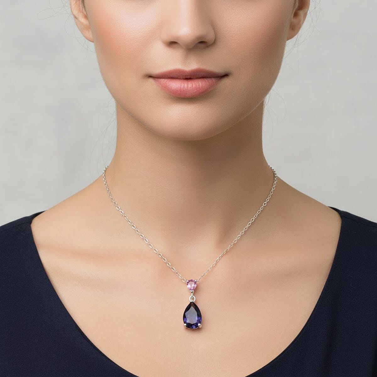 D'Joy Catalina Iolite and Pink Sapphire 1.15 ctw Pendant Necklace in Rhodium Over Sterling Silver 20 Inches image number 2