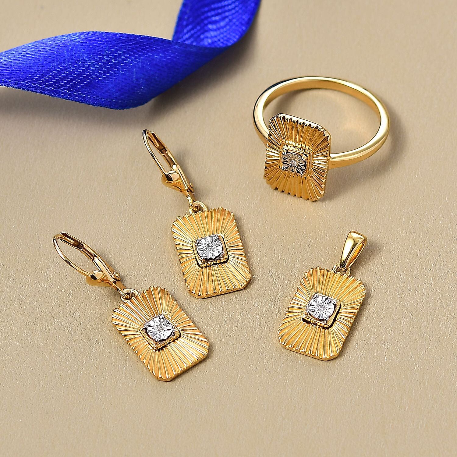 Diamond Accent Ring (Size 10.0), Pendant without Chain and Earrings in 14K YG Over Sterling Silver