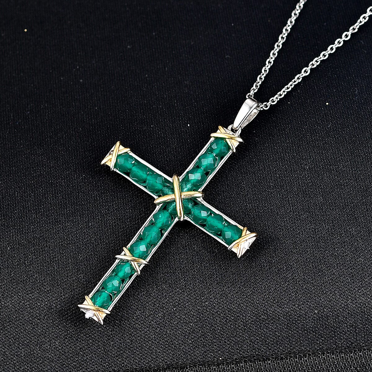 EverTrue Verde Onyx 7.50 ctw XOXO Cross Pendant in 18K YG Plated and Platinum Bond with Stainless Steel Necklace 20 Inches image number 1