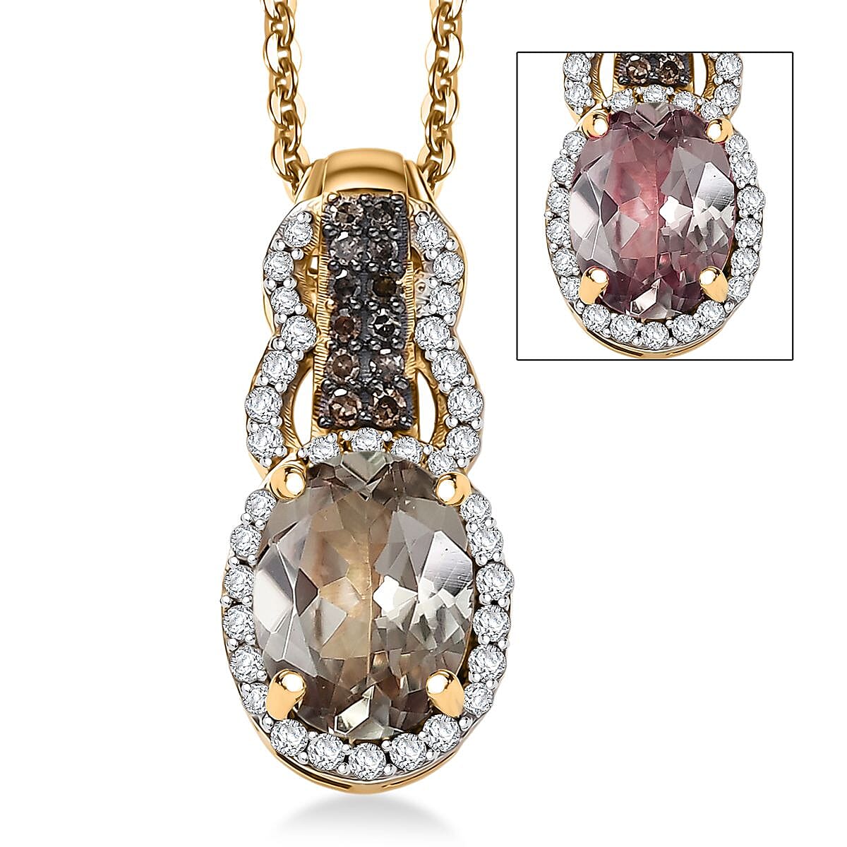 D'Joy AAA Turkizite, Natural Champagne and White Diamond 1.75 ctw Evening Halo Pendant Necklace in 18K Vermeil Yellow Gold Over Sterling Silver 20 Inches image number 0