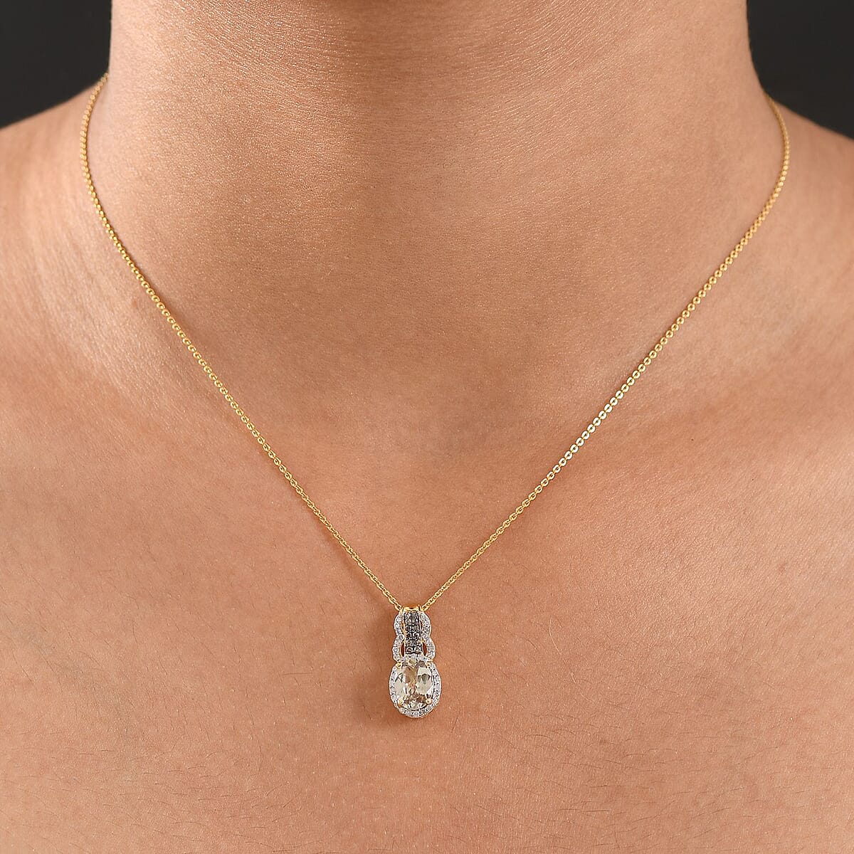 D'Joy AAA Turkizite, Natural Champagne and White Diamond 1.75 ctw Evening Halo Pendant Necklace in 18K Vermeil Yellow Gold Over Sterling Silver 20 Inches image number 2