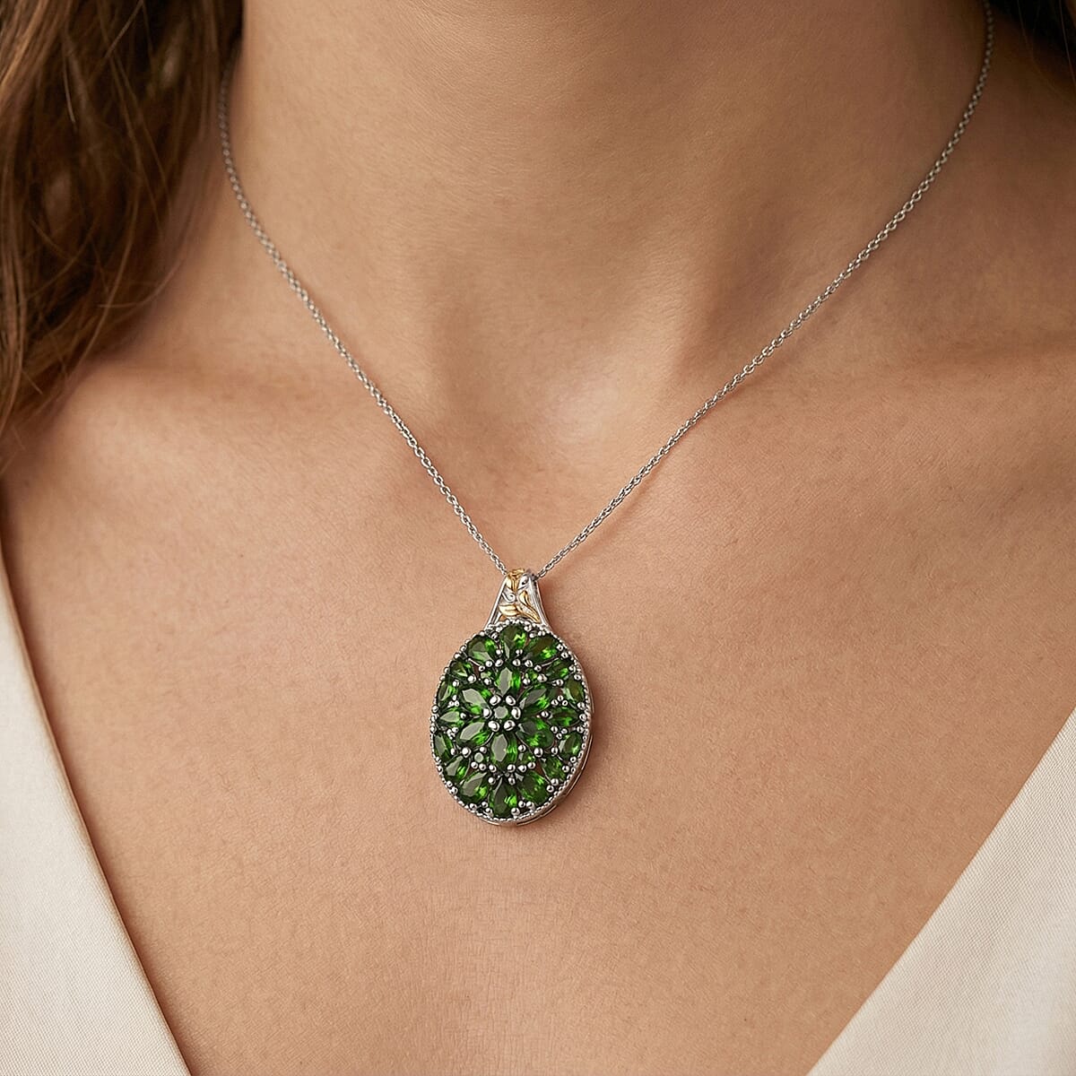 D'Joy Chrome Diopside and White Zircon 8.65 ctw Pendant Necklace in 18K Vermeil YG and Rhodium Over Sterling Silver 20 inches image number 2
