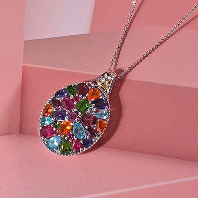 D'Joy Multi Gemstone and White Zircon 8.10 ctw Pendant Necklace (20 inches) in 18K Vermeil YG and Rhodium Over Sterling Silver